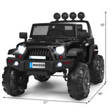 12V Kids Ride On Truck with RC Control, LED Lights, Music, and Spring Suspension in Black