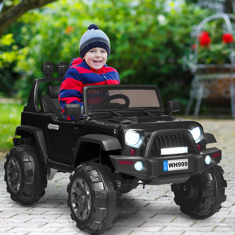 12V Kids Ride On Truck with RC Control, LED Lights, Music, and Spring Suspension in Black