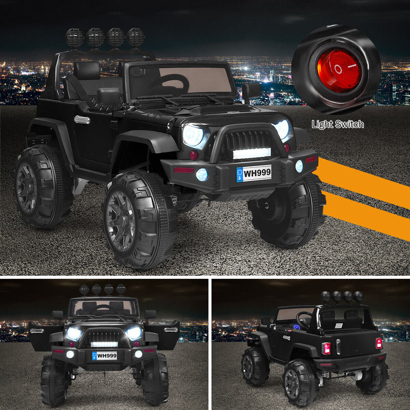 12V Kids Ride On Truck with RC Control, LED Lights, Music, and Spring Suspension in Black