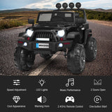 12V Kids Ride On Truck with RC Control, LED Lights, Music, and Spring Suspension in Black