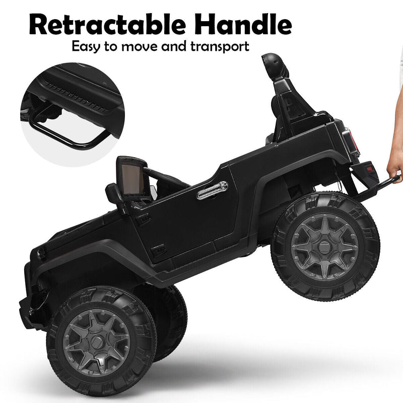 12V Kids Ride On Truck with RC Control, LED Lights, Music, and Spring Suspension in Black