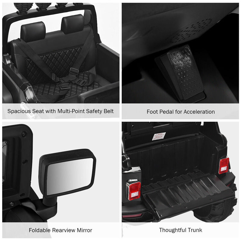 12V Kids Ride On Truck with RC Control, LED Lights, Music, and Spring Suspension in Black