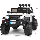 12V Kids Ride On Truck with RC Control, LED Lights, Music, and Spring Suspension in White