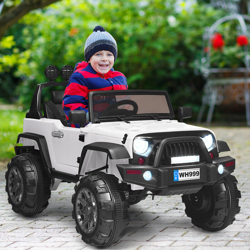 12V Kids Ride On Truck with RC Control, LED Lights, Music, and Spring Suspension in White
