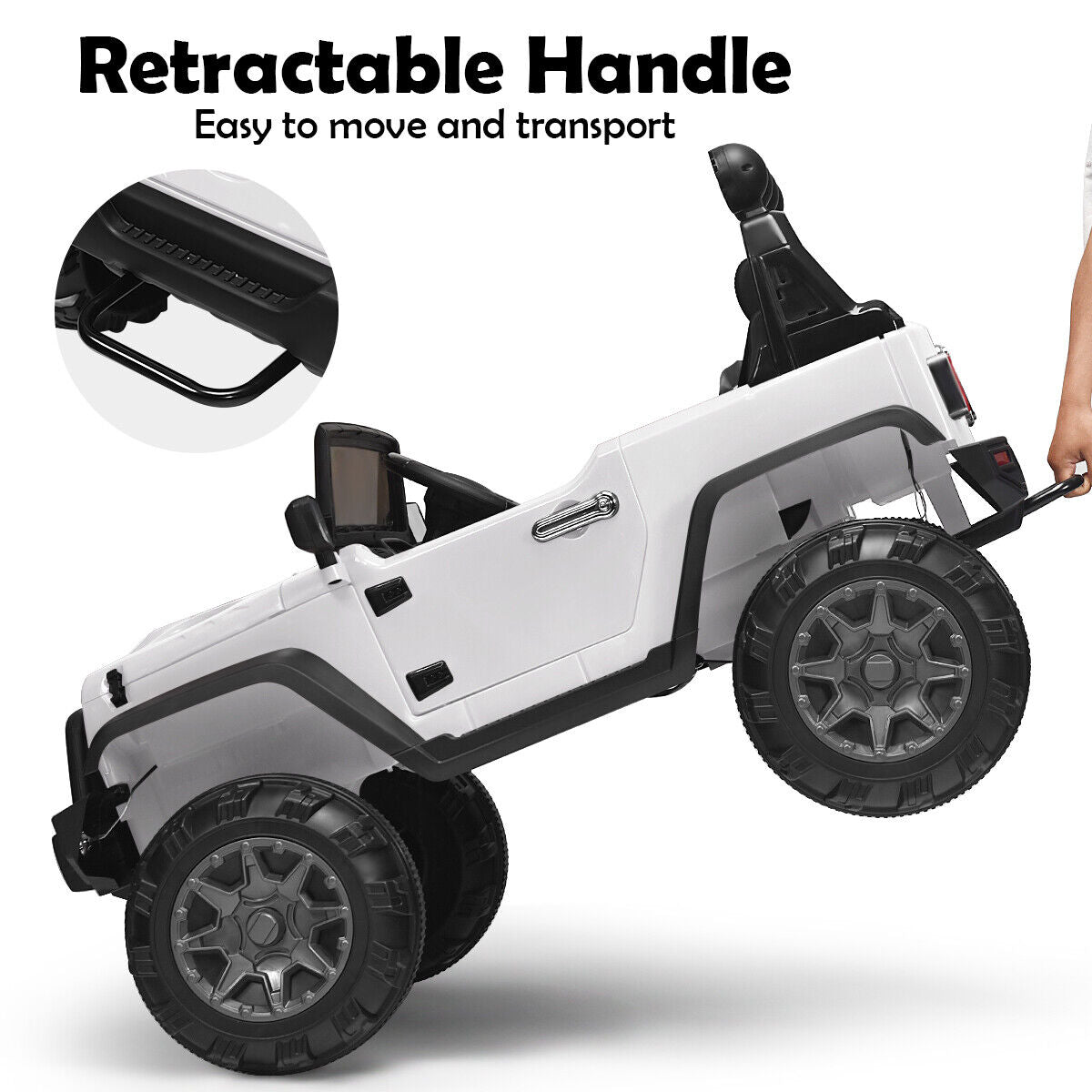 12V Kids Ride On Truck with RC Control, LED Lights, Music, and Spring Suspension in White