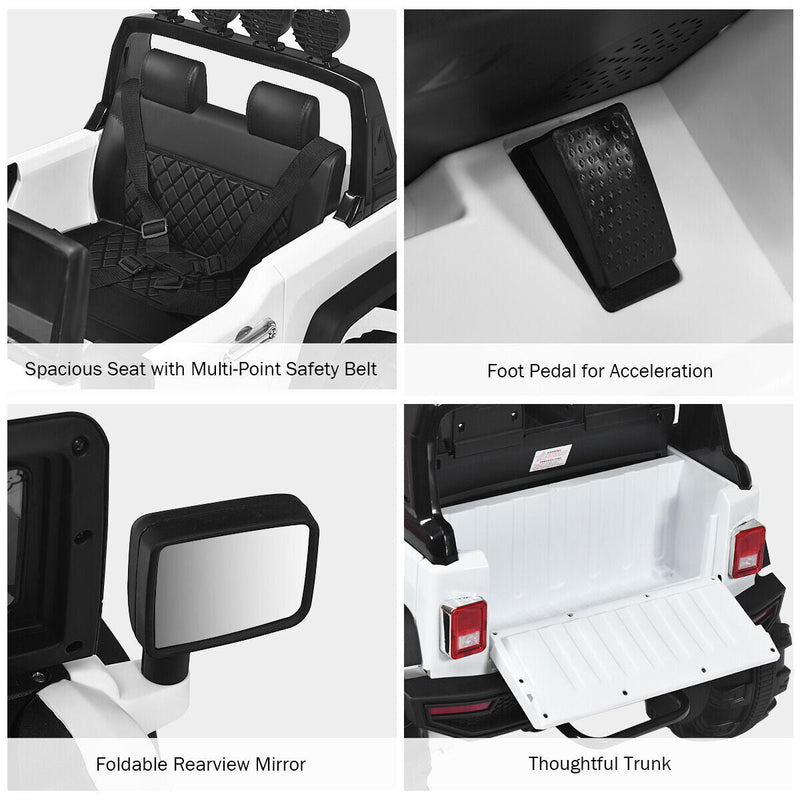 12V Kids Ride On Truck with RC Control, LED Lights, Music, and Spring Suspension in White