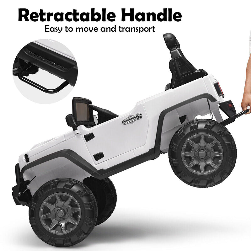 12V Kids Ride On Truck with RC Control, Spring Suspension, Light & Music, and Trunk in White