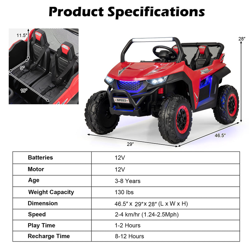 12V Kids Ride On UTV with Suspension, Lights & Music - RC Electric Vehicle for 2 Children
