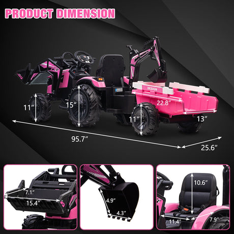 12V Kids Tractor Ride On Toy Car with Trailer, Music, and LED Lights - Perfect Gift for Toddlers