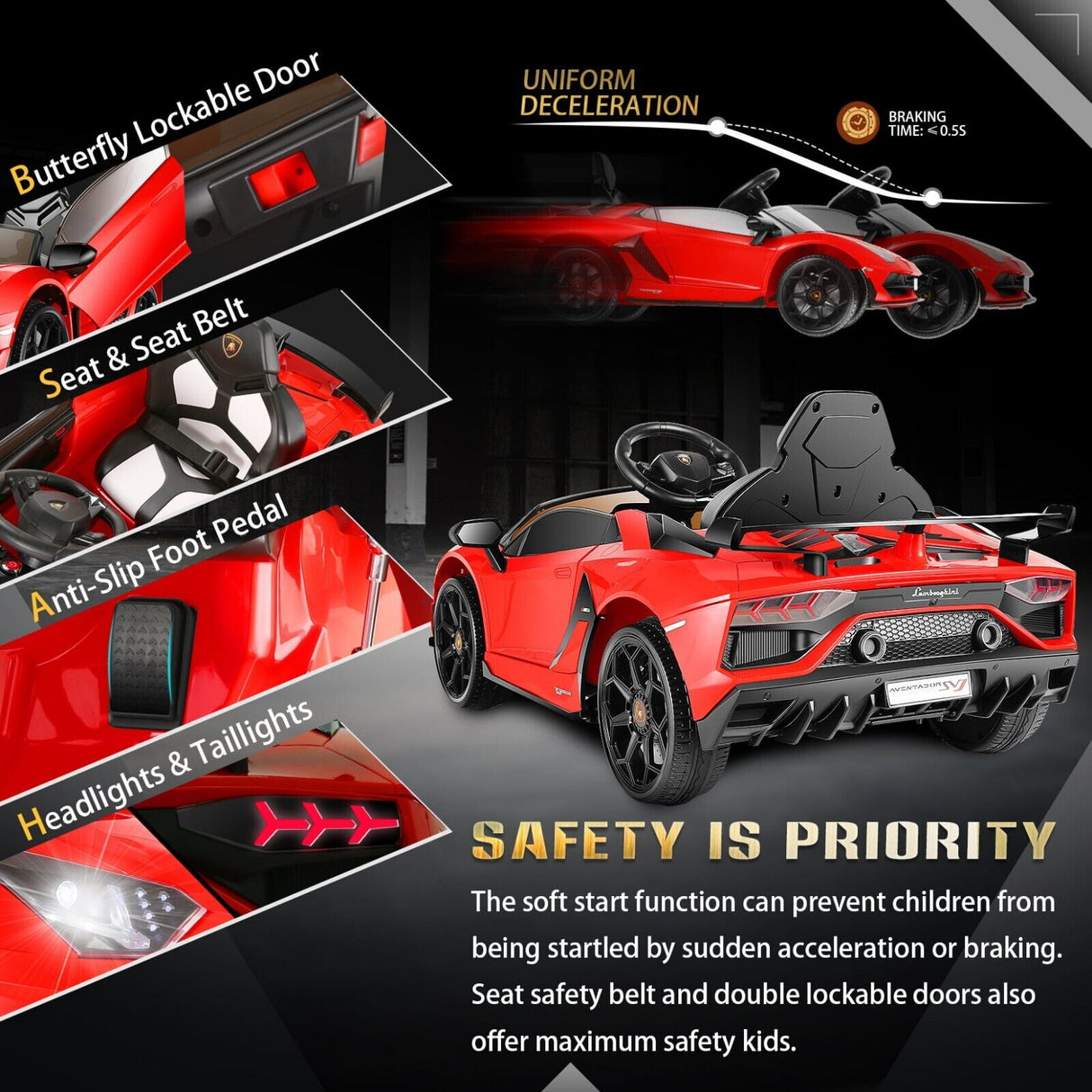 Electric Lamborghini Red Sports Car for Kids - 35W*2 Battery Powered Ride-On