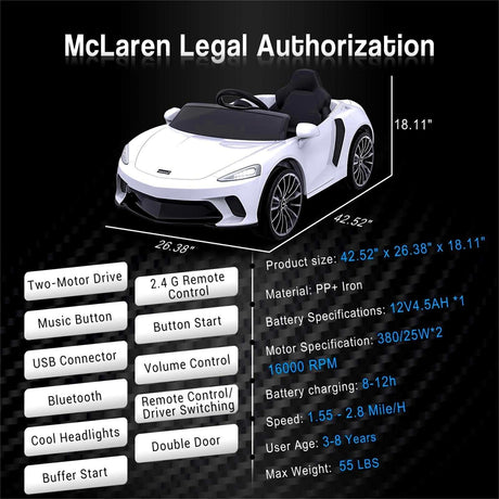 12V Licensed McLaren Battery Powered Sports Car for Kids - Officially Licensed Ride on Toy