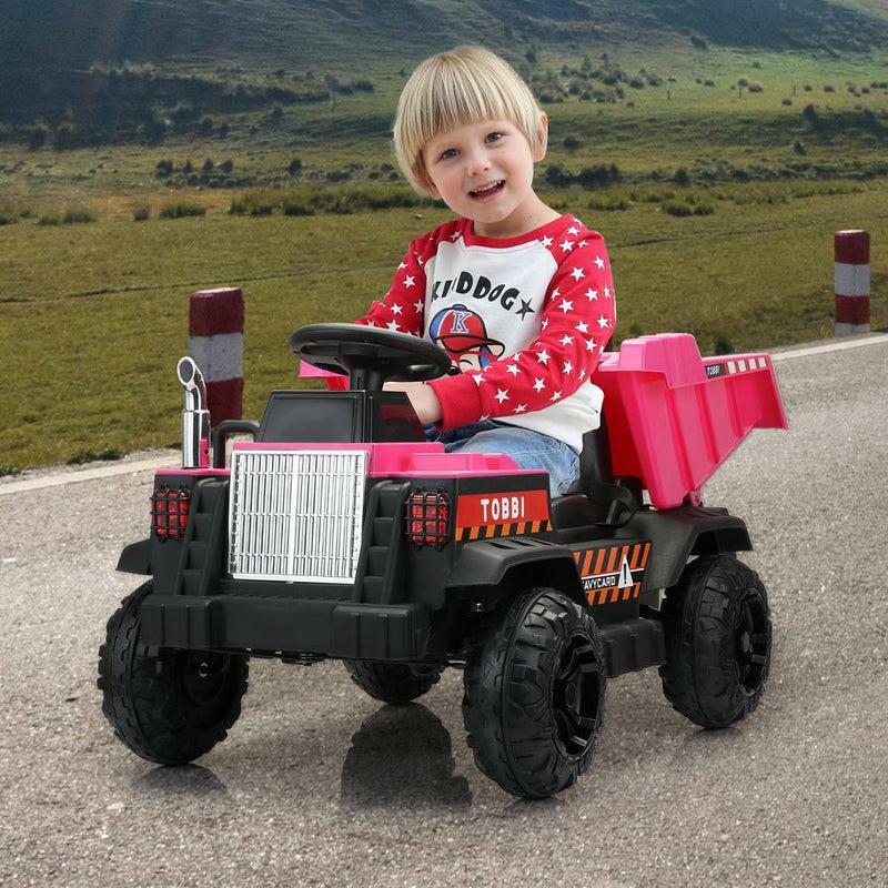 12V Pink Battery-Powered Ride-On Dump Truck Toy for Kids