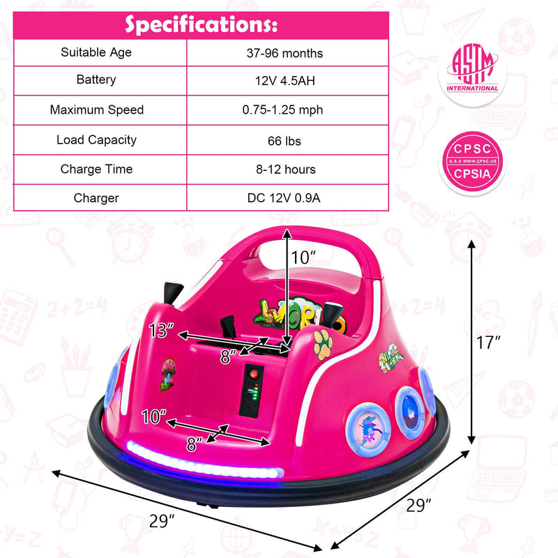 12V Pink Bumper Car with Remote Control, LED Lights, and Music for Kids