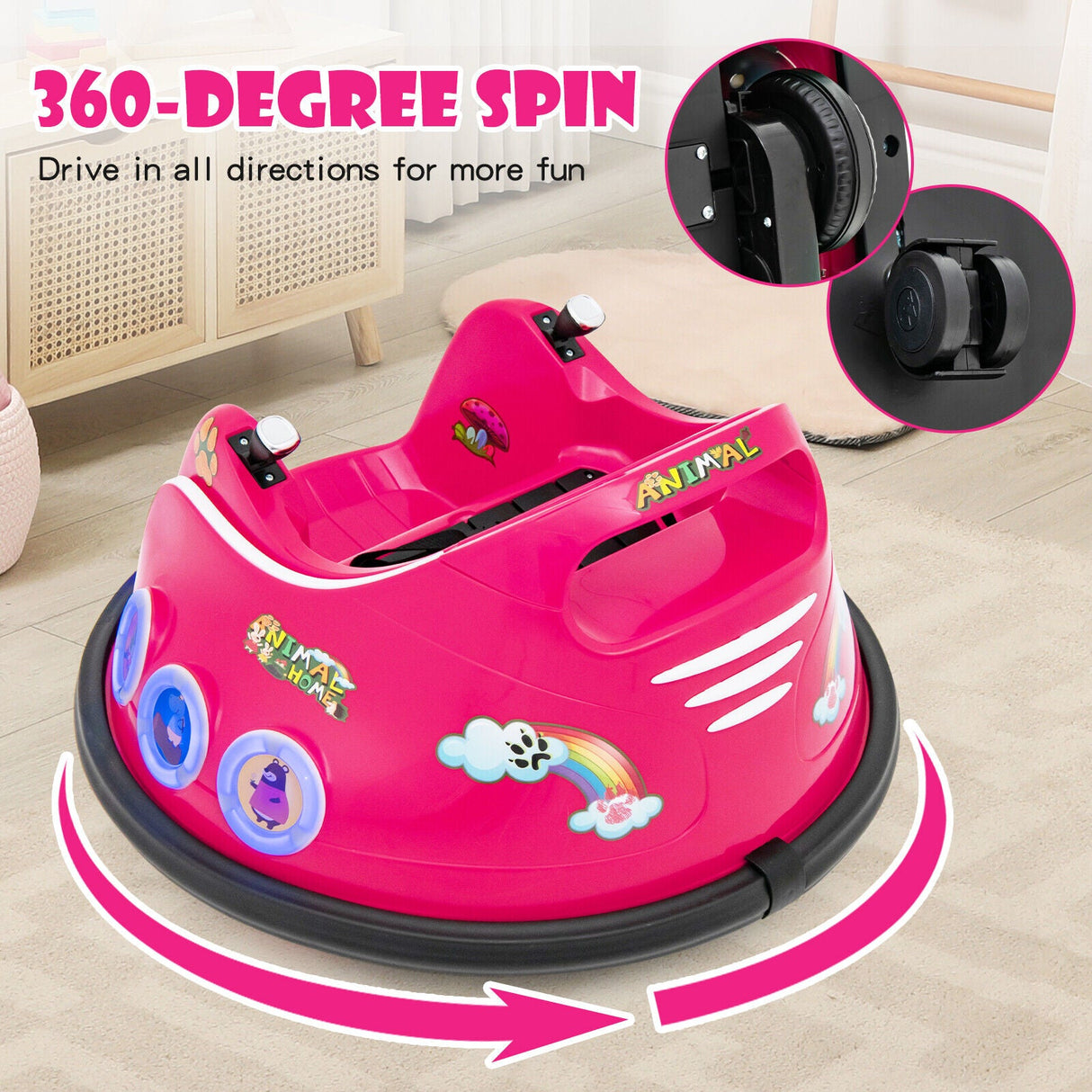 12V Pink Bumper Car with Remote Control, LED Lights, and Music for Kids