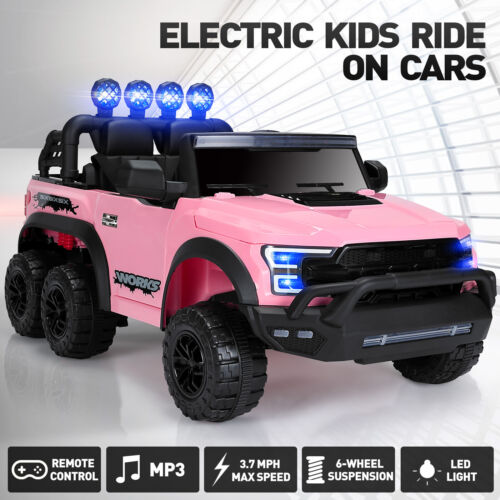 12V Pink Kids Ride On Truck with RC, LED, MP3, and 6 Wheels