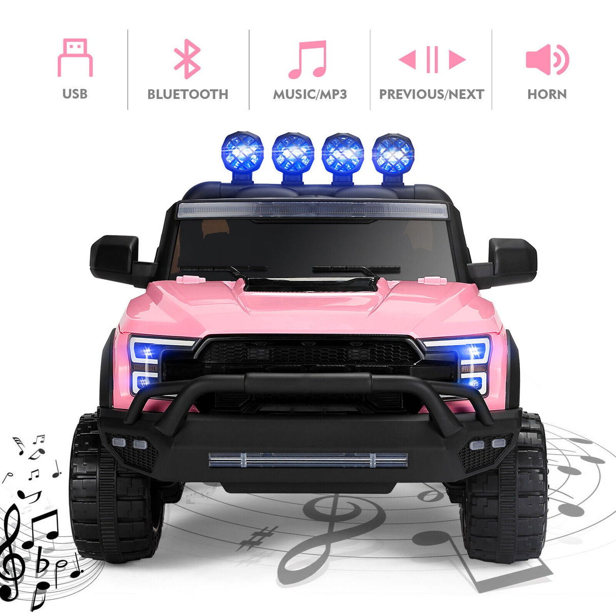 12V Pink Kids Ride On Truck with RC, LED, MP3, and 6 Wheels