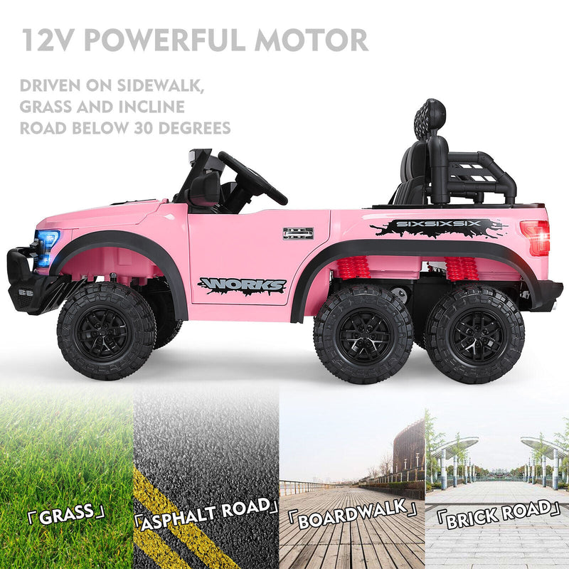 12V Pink Kids Ride On Truck with RC, LED, MP3, and 6 Wheels
