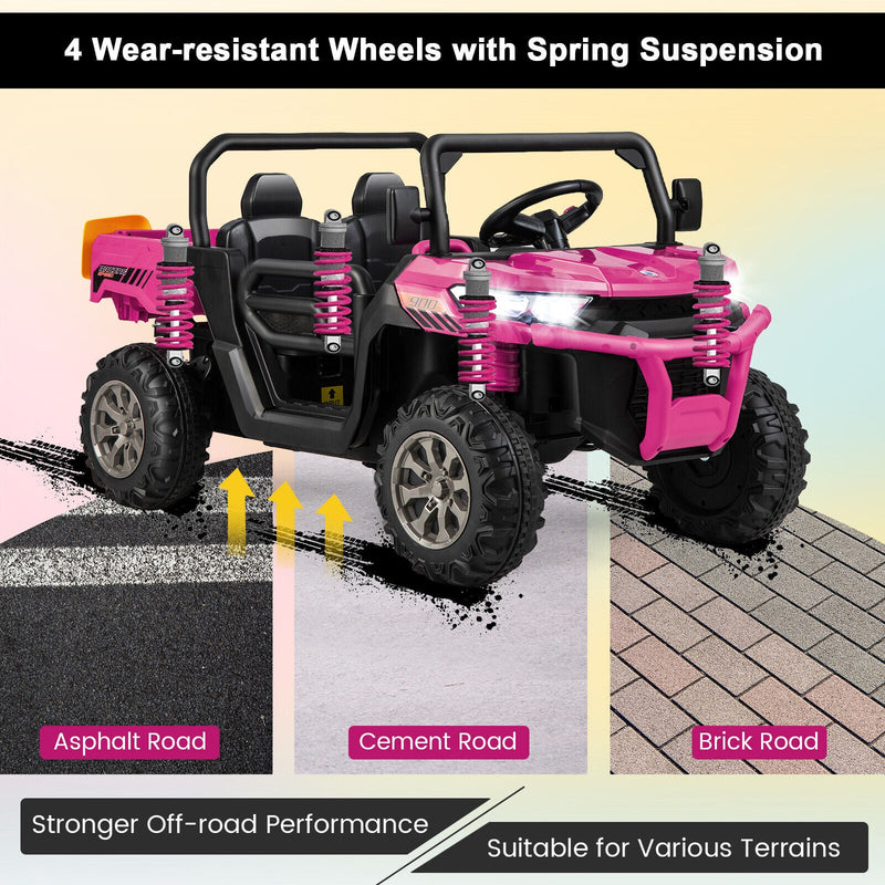 12V Pink UTV Dump Truck Ride-On with Remote Control, Electric Dump Bed, and Shovel Attachment