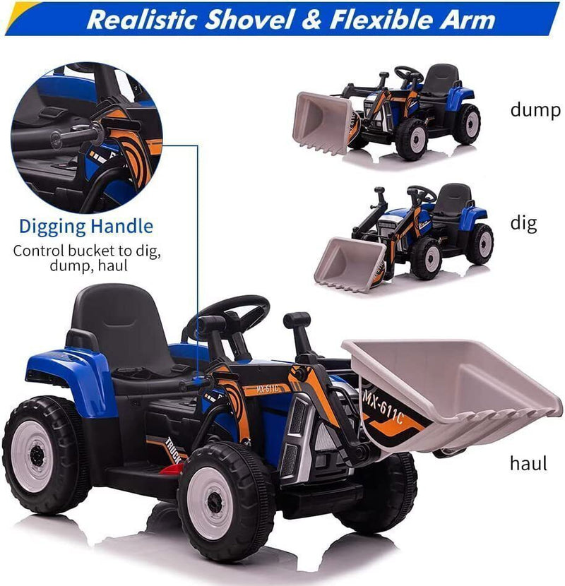 12V RC Excavator Ride-On Tractor with Music, Headlights, and Horn for Kids