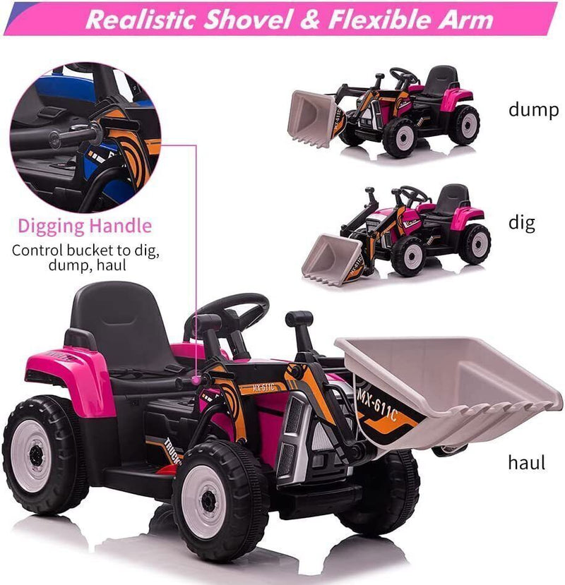 12V RC Excavator Ride-On Tractor with Music, Headlights, and Horn for Kids