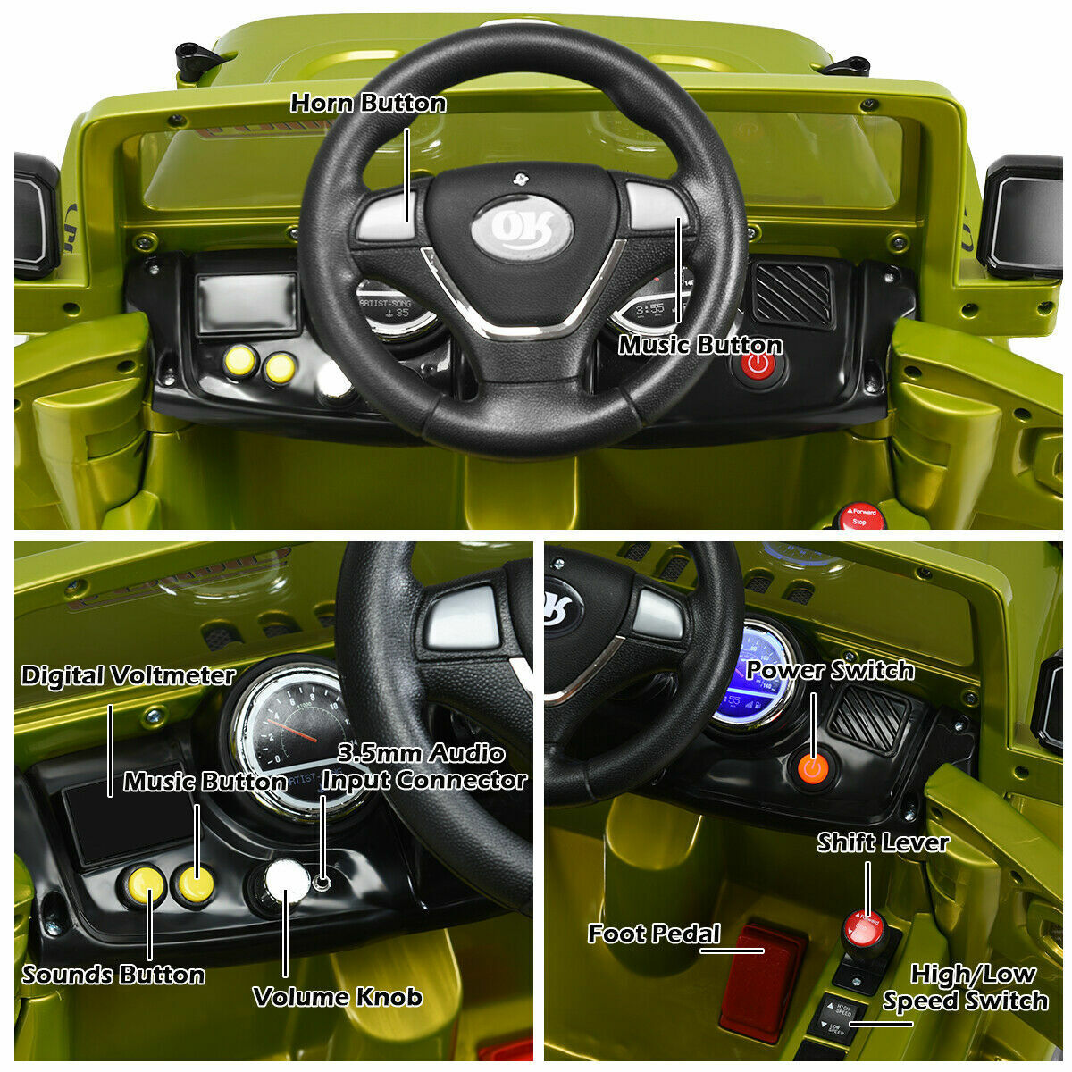 12V RC Remote Control Green Truck Car for Kids - Electric Ride On Toy