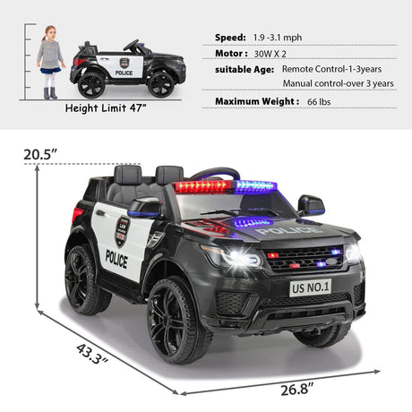 12V Remote Control Police Ride On Car for Kids Ages 3-5 Years - Perfect for Toddler Boys