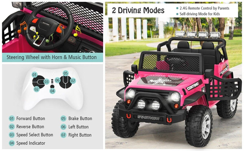 12V Remote Control Ride-On Truck with LED Lights, Music, and Double Doors - 2 Seater