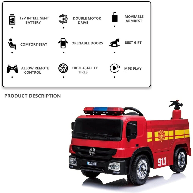 12V Ride-On Fire Truck Toy Car with Remote Control for Kids Ages 3-6
