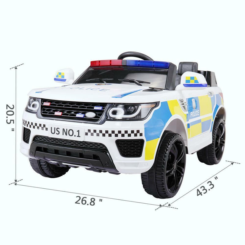 12V White Police Car Ride-On for Kids with Bluetooth Remote Control and LED Lights