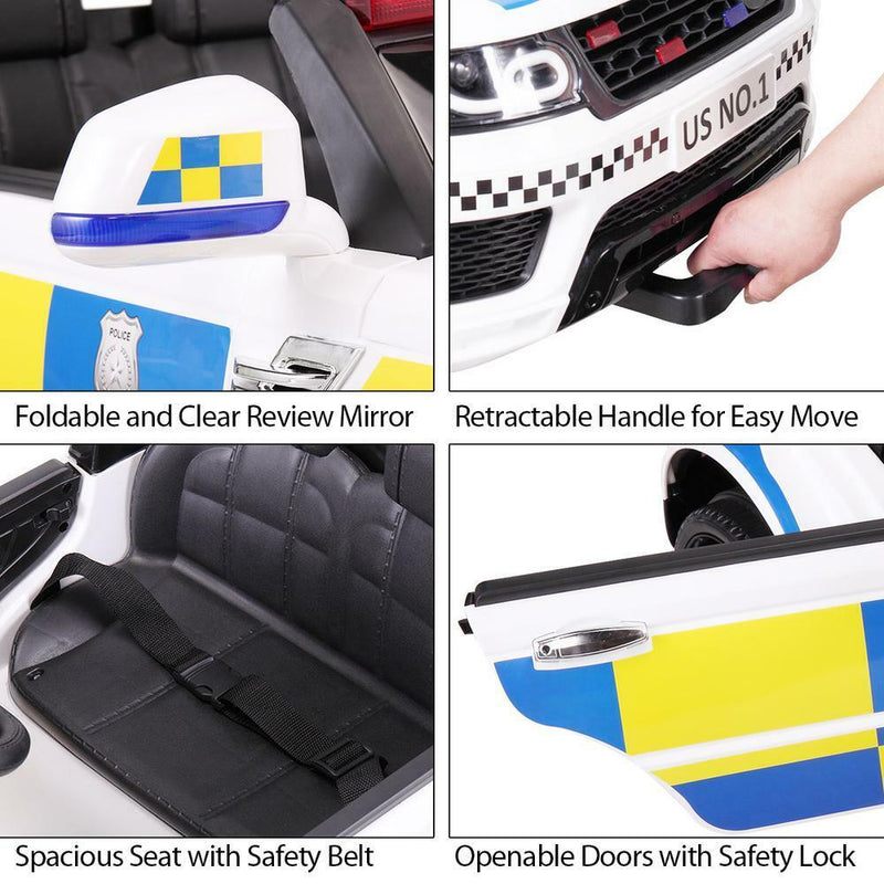 12V White Police Car Ride-On for Kids with Bluetooth Remote Control and LED Lights