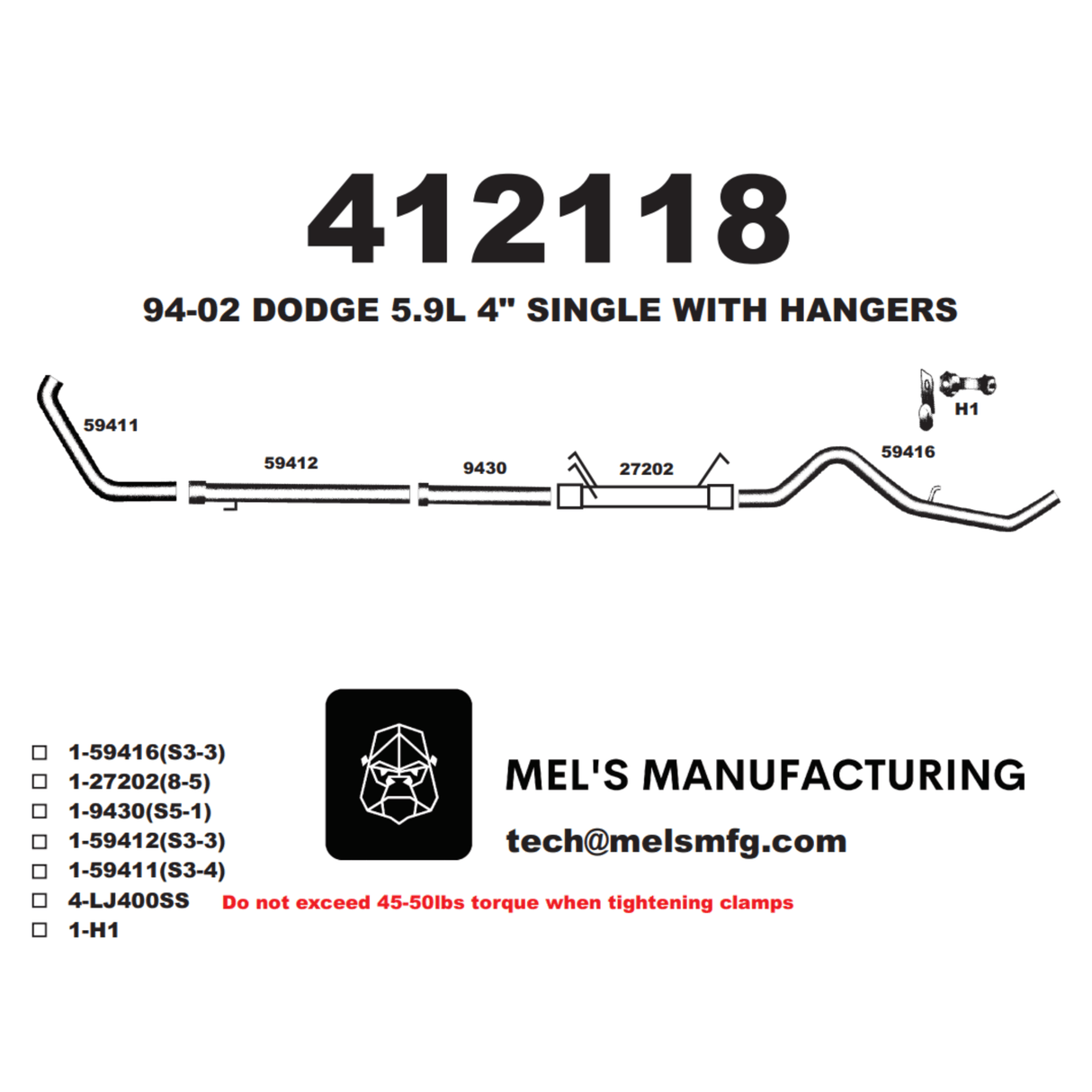 1994-2002 Cummins 5.9L 4" Turbo Back Exhaust No Muffler (411112)