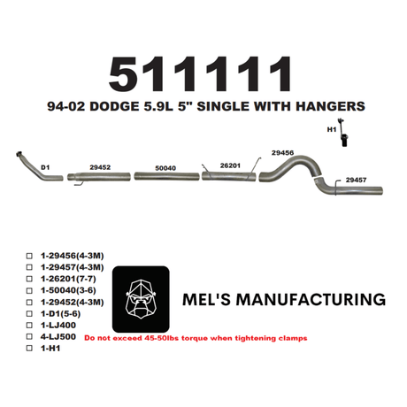 1994-2002 Cummins 5.9L 5" Turbo Back Exhaust No Muffler (511111)