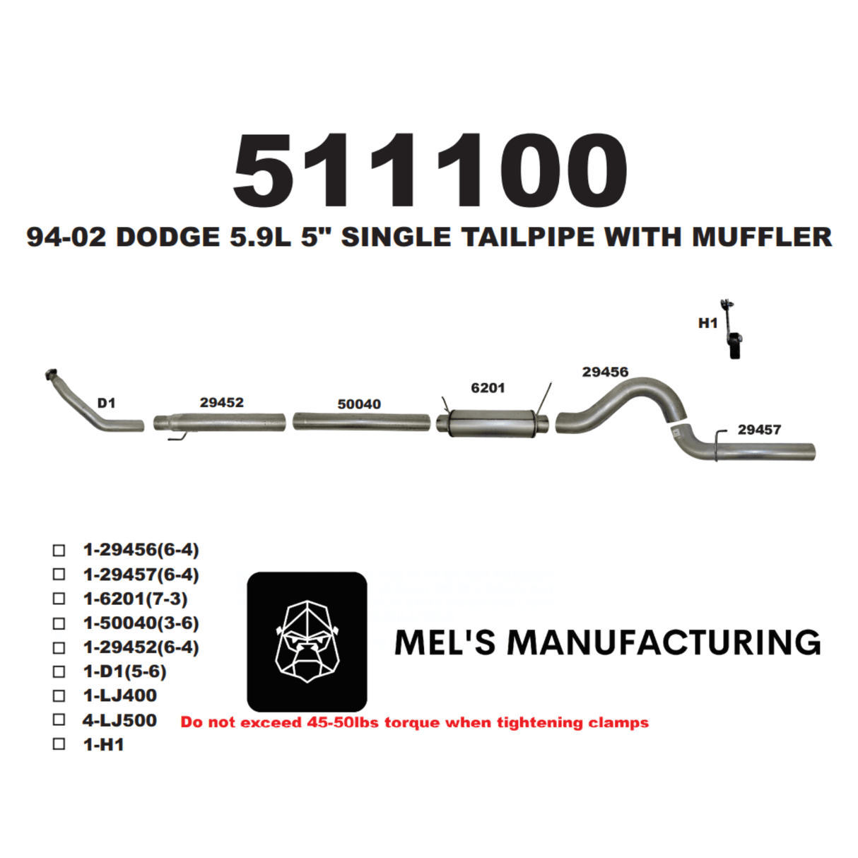 1994-2002 Cummins 5.9L 5" Turbo Back Exhaust w/ Muffler (511100)