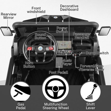 2 Seater 24V 4WD Ride On Car for Kids with Dump Bed, Remote Control, MP3, and LED Lights