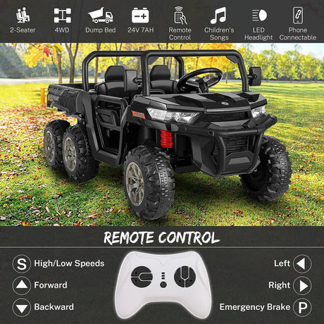 2 Seater 4WD Ride On Car with Dump Bed, Remote Control, and Music - 300W Motors, 24V