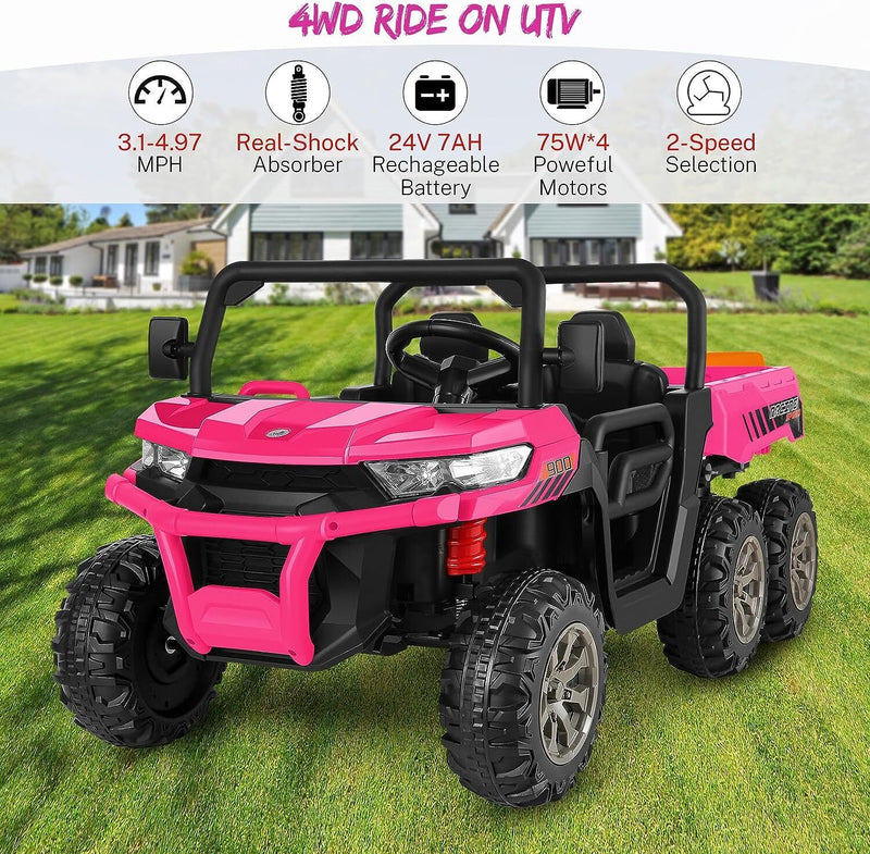 2 Seater 4WD Ride On Car with Dump Bed, Remote Control, and Music - 300W Motors, 24V