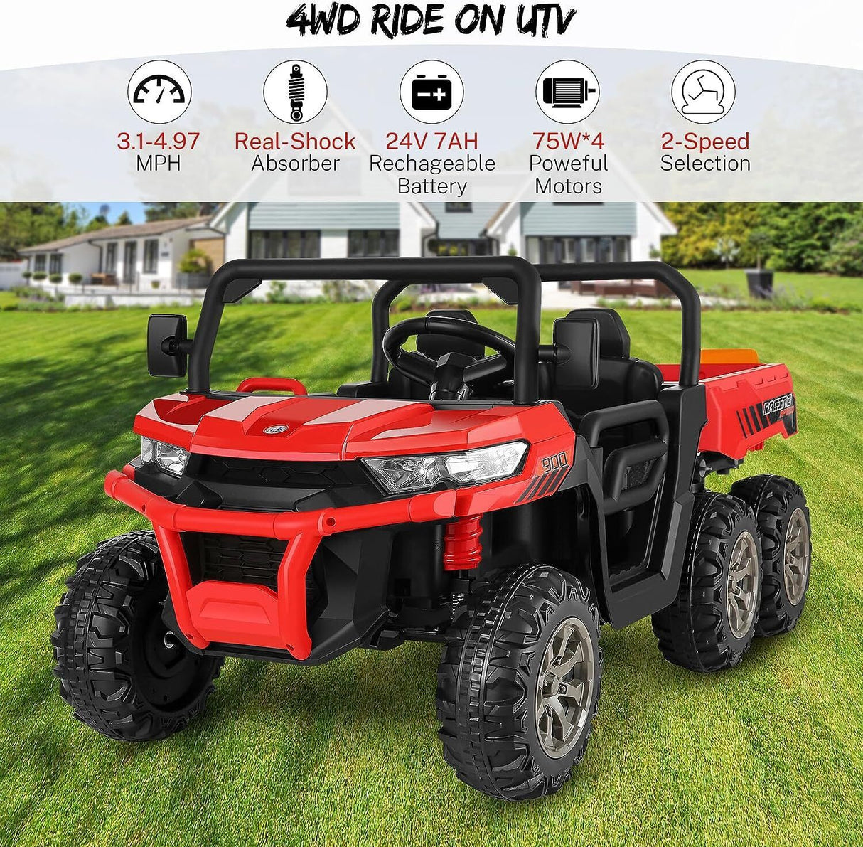 2 Seater 4WD Ride On Car with Dump Bed, Remote Control, and Music - 300W Motors, 24V