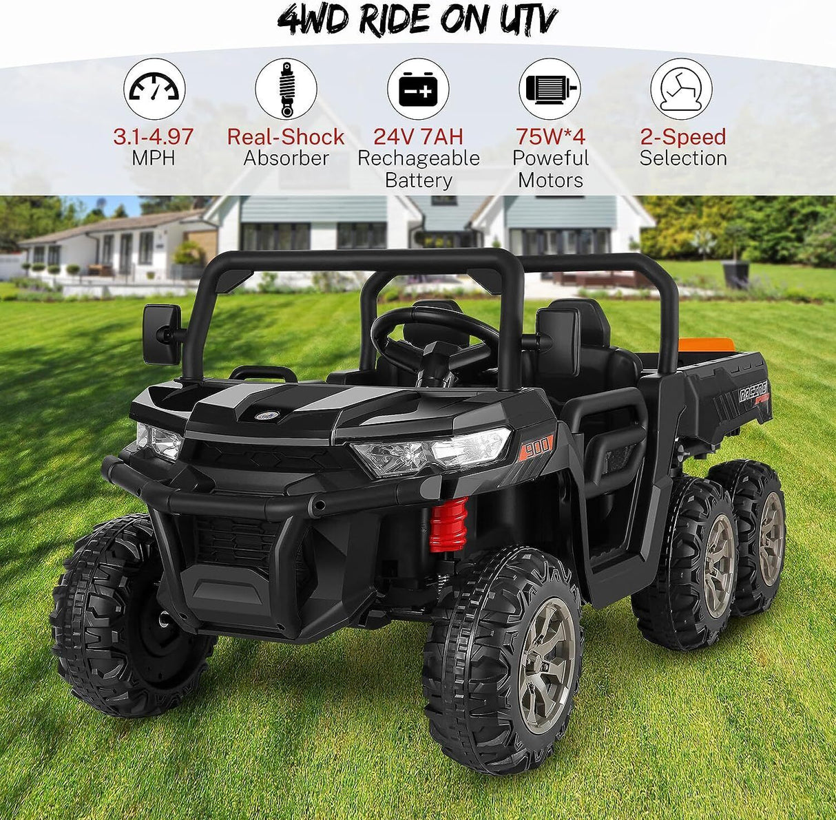 400W 2-Seater 4WD Ride-On Car for Kids with Dump Bed, RC Control, MP3 Player, and LED Lights - 3 Speed Options