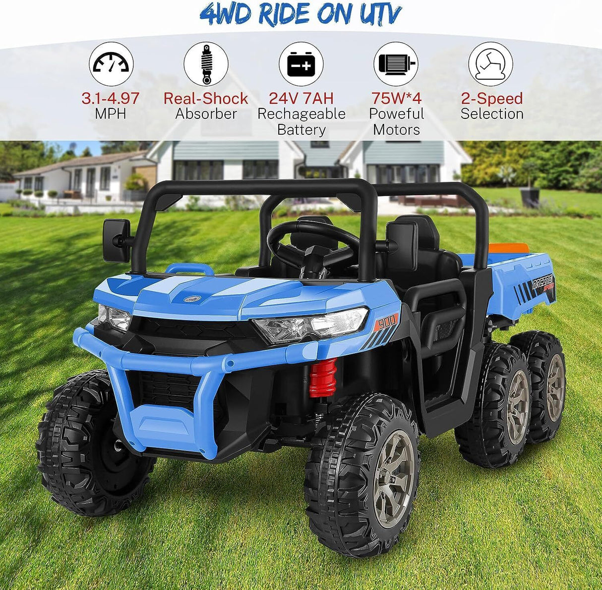 400W 2-Seater 4WD Ride-On Car for Kids with Dump Bed, RC Control, MP3 Player, and LED Lights - 3 Speed Options