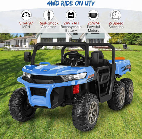 400W 2-Seater 4WD Ride-On Car for Kids with Dump Bed, RC Control, MP3 Player, and LED Lights - 3 Speed Options