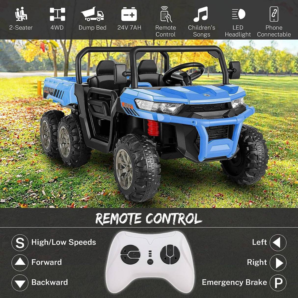 24V 4WD Kids Electric Car with Remote Control and Dump Bed - 2 Seater Ride-On Vehicle