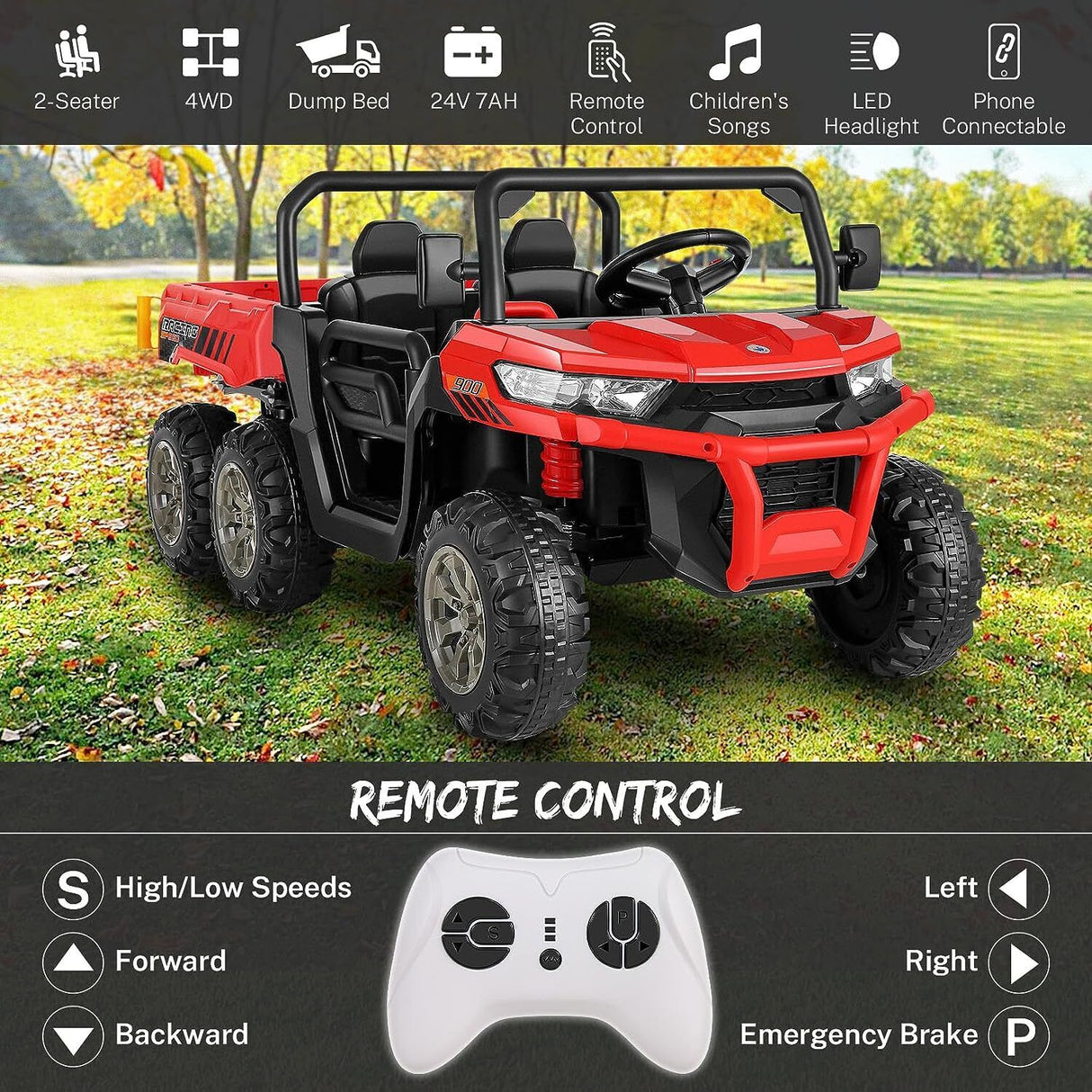 24V 4WD Kids Electric Car with Remote Control and Dump Bed - 2 Seater Ride-On Vehicle