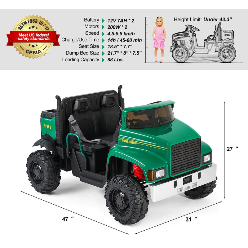 2-Seater Electric Ride-On Tractor with Dump Bed and 3-Speed RC - 24V Battery Powered Toy Car