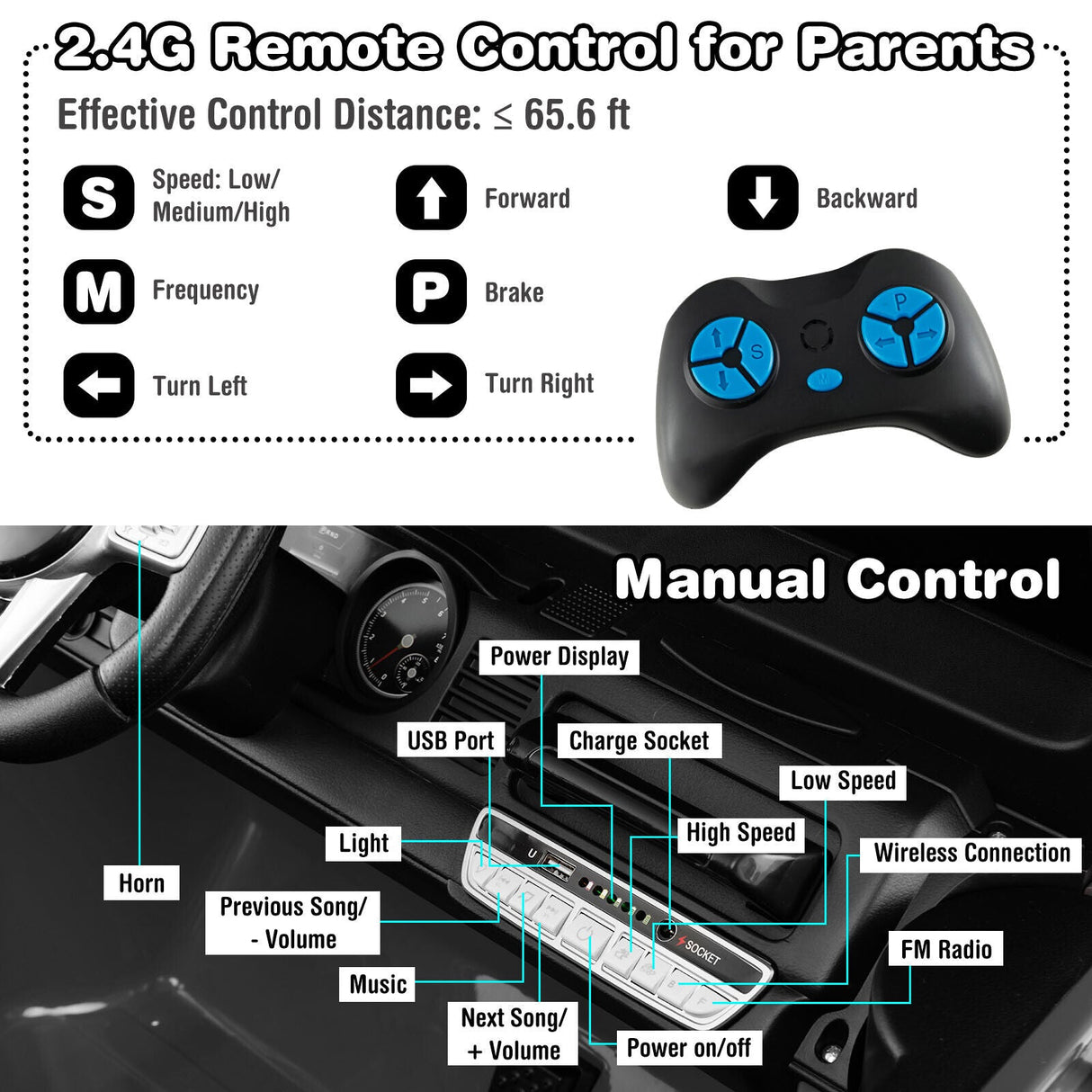 2-Seater Black Battery Powered Ride-On Car with 3-Point Seat Belts and Doors - 12V