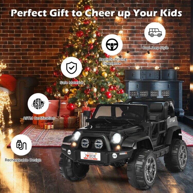 2-Seater Black Electric Ride-On Car for Kids with Remote Control - 12V Toy Truck