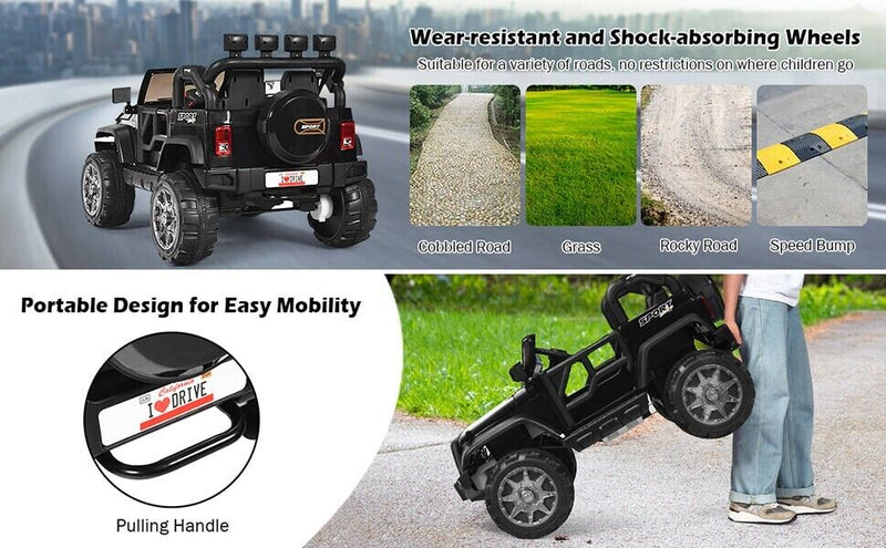 2-Seater Black Electric Ride-On Car for Kids with Remote Control - 12V Toy Truck