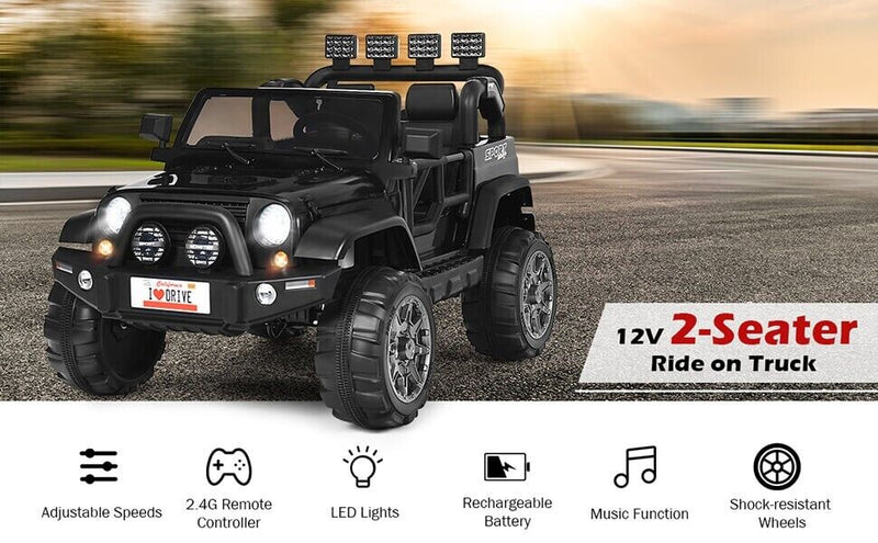 2-Seater Black Electric Ride-On Car for Kids with Remote Control - 12V Toy Truck