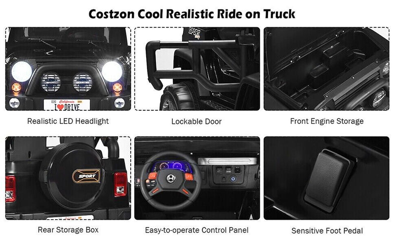 2-Seater Black Electric Ride-On Car for Kids with Remote Control - 12V Toy Truck