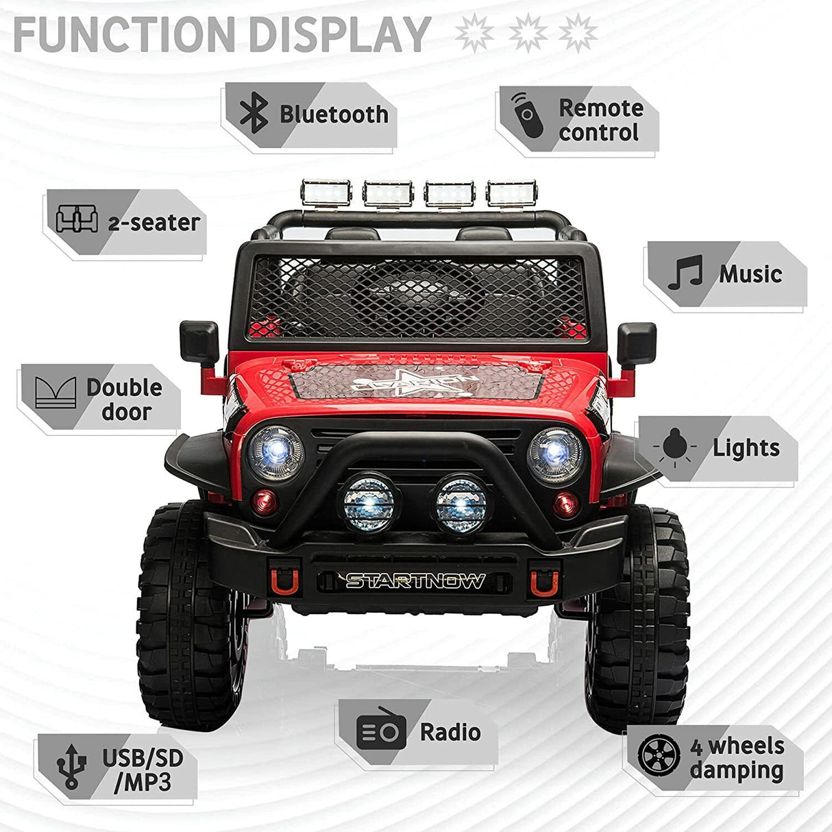 2-Seater Electric Ride-On Car for Kids with RC Control, MP3 Player, and Realistic Jeep Design