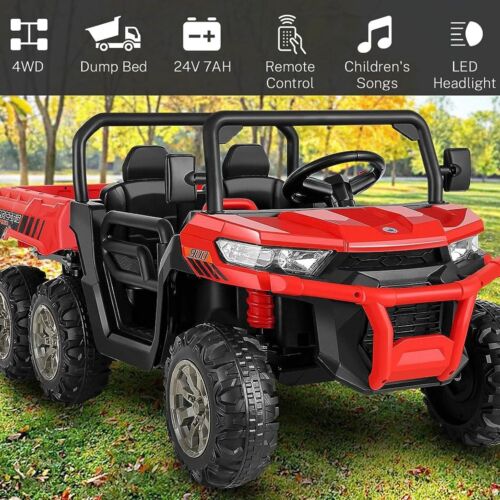 2-Seater Electric Ride-On Car with Dump Bed Truck and 6 Wheels - 24V Battery Powered Toy for Kids